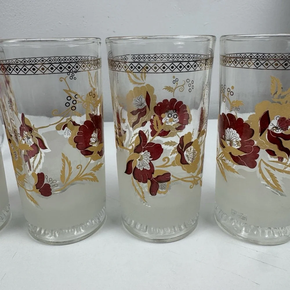 Vtg Cerve Italian frosted‎ floral glass pitcher Set 4 glasses MCM Regency Boho